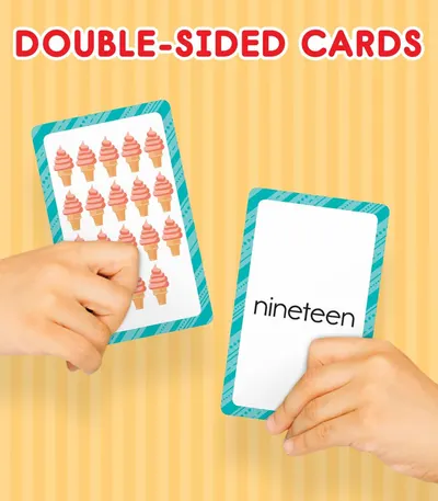 Demonstrates that the educational cards are double-sided, showing both a visual counting side and a written number side to help children learn numbers in multiple ways.