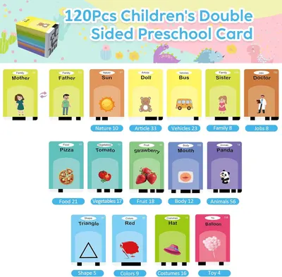 Shows the complete set of flashcards included in the purchase, organized by categories (Family, Nature, Vehicles, Jobs, Food, Animals, Shapes, Colors, etc.) to help parents understand the…