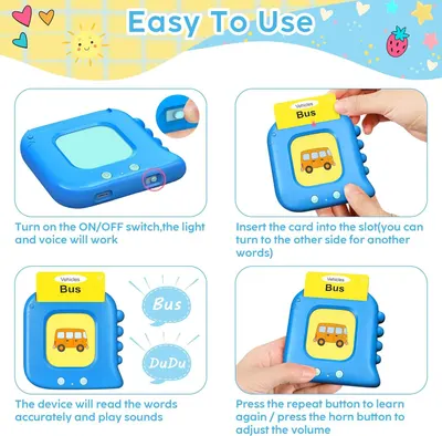 Demonstrates how to use the learning device through a clear 4-step instructional sequence, showing parents and children exactly how to turn it on, insert cards, hear words, and adjust settings.