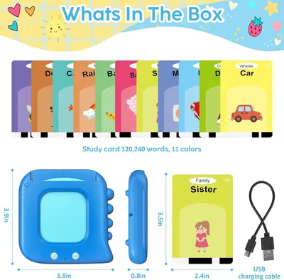 Shows everything included in the package: the learning device, 120,240-word study cards in 11 colors, and a USB charging cable, helping shoppers understand the complete bundle they will receive.…