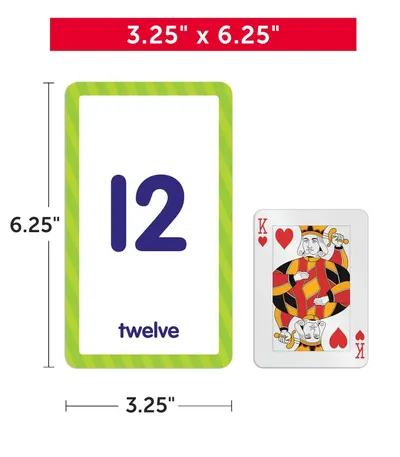Shows the exact physical dimensions of the product (3.25 x 6.25 inches) with measurement arrows and a playing card for scale reference, helping shoppers understand the actual size of the cards.