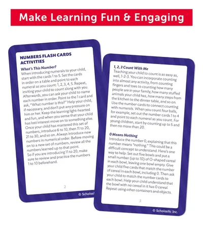 Provides parents with step-by-step instructional guidance on how to use number flashcards to teach children counting and number recognition through engaging activities.