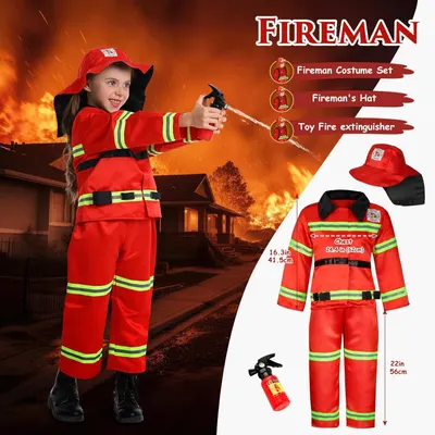 Shows all the items included in the fireman costume set (costume, hat, and toy extinguisher) to help shoppers understand what they will receive in the package. Provides exact measurements of the…