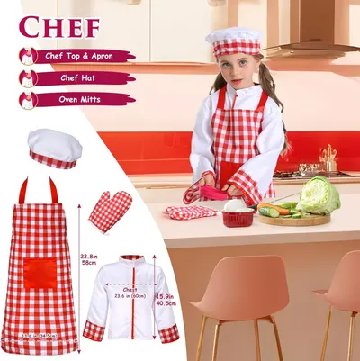 Shows all the items included in the children's chef costume set, helping shoppers understand the complete package they will receive. Provides exact measurements of the chef costume components to…