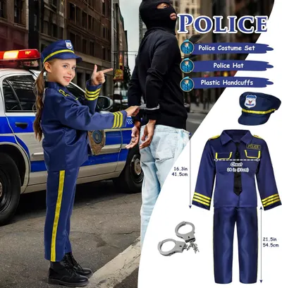 Shows all the items included in the police costume set (hat, uniform, handcuffs) to help shoppers understand what they receive with their purchase. Provides exact dimensional measurements (16.3in…