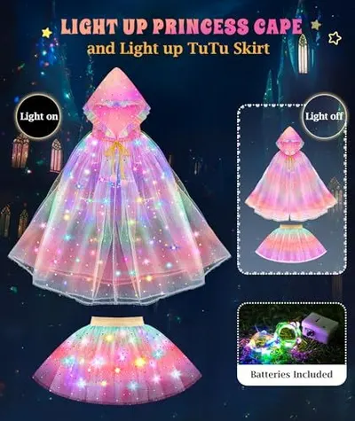 Showcases multiple distinct benefits of the costume set: the light-up functionality shown in on/off states, the inclusion of batteries, and the complete cape and skirt combination.