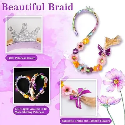 Showcases multiple distinct features of the braid product in a segmented layout, highlighting the crown accessory, LED lighting feature, and decorative braids with flowers to communicate versatility…