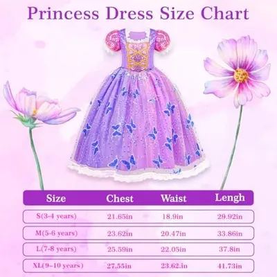 Provides detailed sizing information organized by age groups to help shoppers select the correct princess dress size for their child.