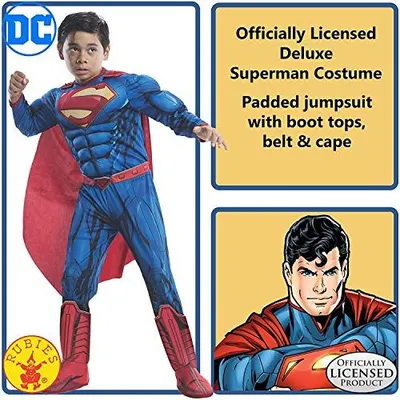 Shows the customer exactly what components are included in the Superman costume package, helping them understand the completeness of the purchase. Establishes authenticity and trust by prominently…