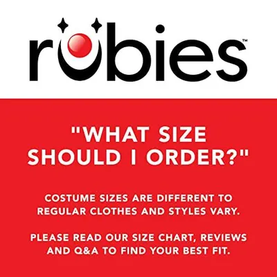 Addresses a common customer question about costume sizing and directs shoppers to consult the size chart, reviews, and Q&A to find their best fit. Reinforces the Rubies brand identity while…