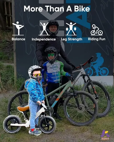 Communicates multiple developmental and recreational benefits of the balance bike to parents, showing it's more than just a toy—it's a tool for building physical skills and confidence.