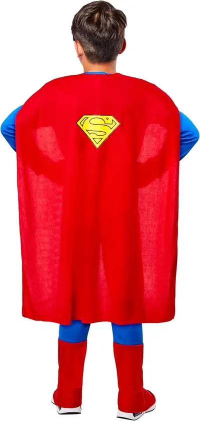 Displays the Superman costume product clearly on a white background to show the cape, logo, and full outfit details without distractions.