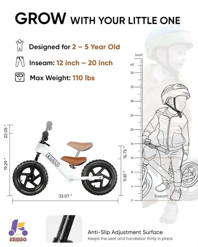 Communicates the physical dimensions and specifications of the balance bike to help parents determine if it fits their child's age, size, and weight, ensuring proper fit and safety.