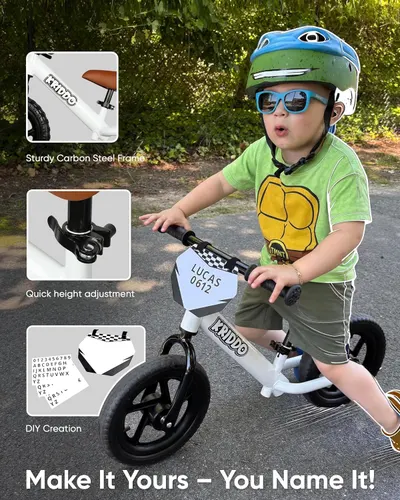 Communicates multiple key product benefits in a segmented layout: durability of the frame, ease of height adjustment, and customization options with included stickers to personalize the bike.