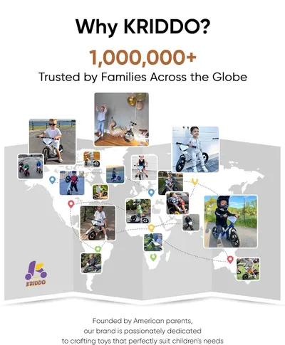 Communicates the brand's credibility and global reach by showcasing over 1 million families worldwide who trust KRIDDO, reinforcing brand authority and social proof through real customer photos and…