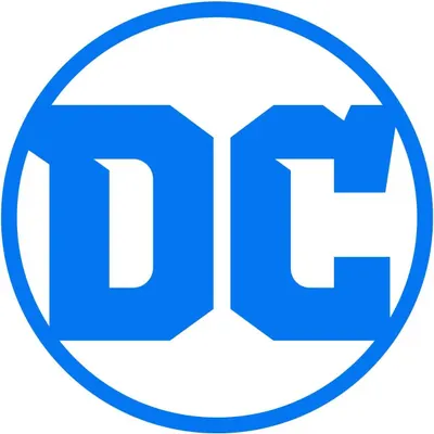 Displays the DC Comics brand logo to establish brand identity and recognition for the product line.