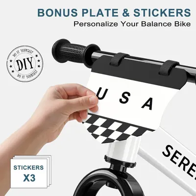 Shows the bonus items included with the balance bike purchase—a customizable plate and stickers—allowing customers to personalize their product.