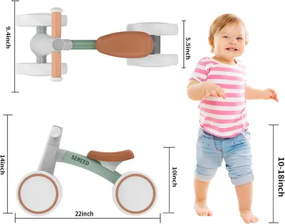 Demonstrates the physical size of the baby balance bike using exact measurements and a child model for scale, helping parents understand if the product is appropriately sized for their toddler.
