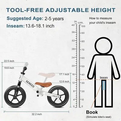 Provides detailed dimensional specifications and a visual guide to help parents determine if the balance bike fits their child's size, ensuring proper fit and safety.