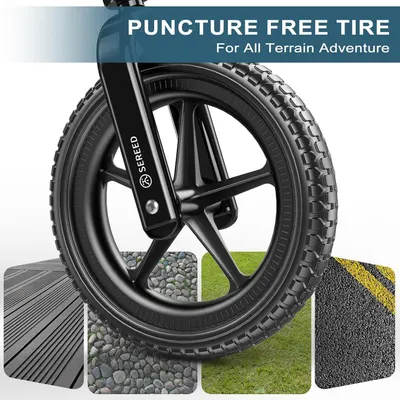 Demonstrates that the puncture-free tire can handle multiple terrain types (wood decking, gravel, grass, asphalt) to reassure shoppers of its versatility and durability across different…