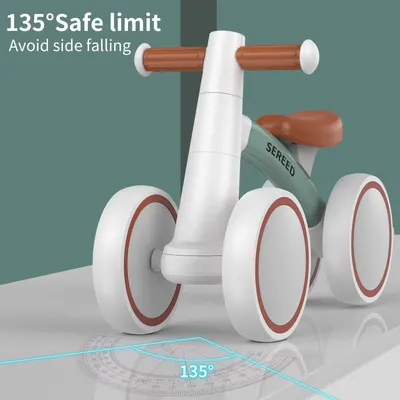 Communicates that the balance bike has a 135-degree steering limit to prevent side falling, reassuring parents about the product's safety design for young children.