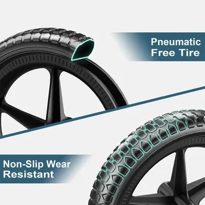 Communicates two distinct tire benefits in a segmented layout: the pneumatic-free design (no air needed) and the non-slip, wear-resistant tread pattern to reassure shoppers of durability and…