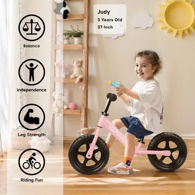 Communicates multiple developmental benefits of the balance bike for toddlers, showing how it helps build physical skills and confidence while being age-appropriate and fun.