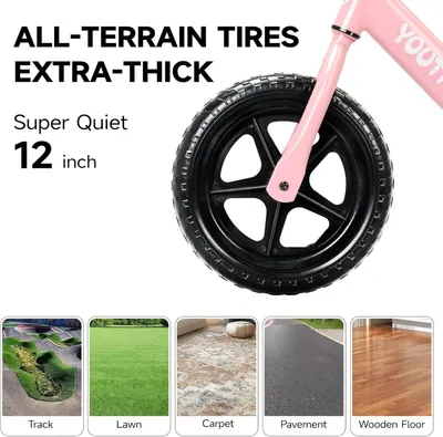 Demonstrates the product's versatility by showing it can be used across multiple surfaces (track, lawn, carpet, pavement, wooden floor), reassuring shoppers that the bike is suitable for various…