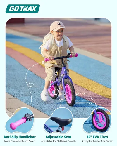 Showcases three distinct product features in a segmented layout to communicate safety, adaptability, and durability for a children's balance bike.