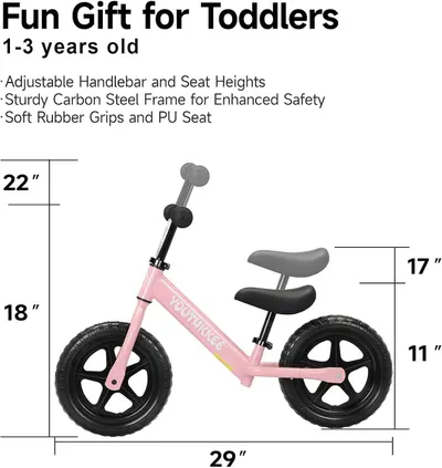 Communicates the exact physical dimensions of the toddler balance bike to help shoppers understand its size and suitability for children aged 1-3 years. Positions the product as a fun gift option…