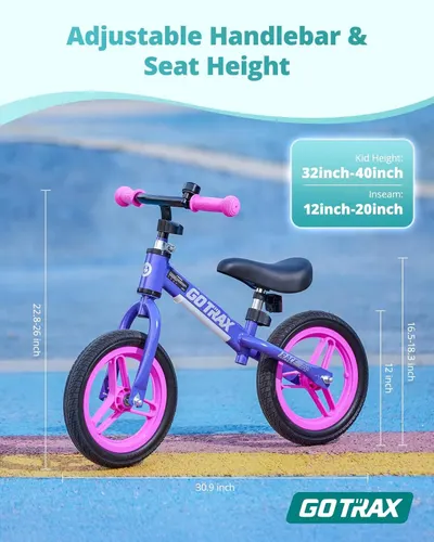 Communicates the physical dimensions and adjustability ranges of the balance bike to help parents determine if it fits their child's height and inseam measurements. Highlights the key benefit that…
