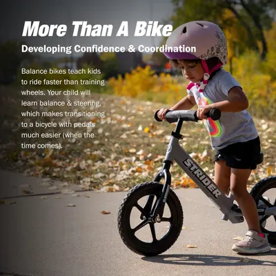 Communicates that the balance bike helps children develop confidence, coordination, balance, and steering skills, making the transition to pedal bikes easier.