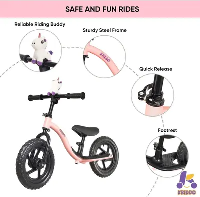 This image breaks down the key physical components and structural features of the balance bike to help parents understand the product's construction and safety features.