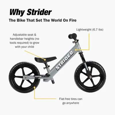 Breaks down the key physical features and components of the Strider bike to help parents understand what makes it functional and adaptable for their child.