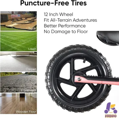 Demonstrates the versatility of the puncture-free tires by showing they work across multiple surfaces (track, lawn, carpet, pavement, wooden floor), reassuring shoppers the product is suitable for…