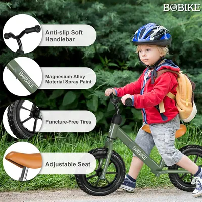 Showcases four distinct product features in a segmented callout layout to communicate the bike's safety, durability, and comfort benefits for children.