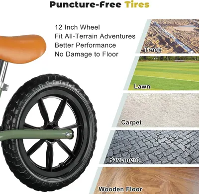 Demonstrates the product's versatility by showing it can be used across multiple surfaces (track, lawn, carpet, pavement, wooden floor), reassuring shoppers that the puncture-free tires work in…