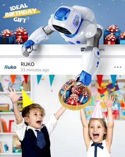 Positions the robot toy as an ideal birthday gift for children, creating emotional appeal and gifting context to drive purchase intent.