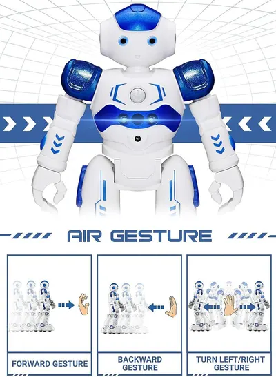 Demonstrates how to control the robot using hand gestures, showing three different gesture commands (forward, backward, turn left/right) to reassure shoppers that the product is easy and intuitive…