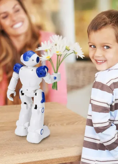 Demonstrates the product in a real-world home setting with a child and parent, showing the emotional connection and play value of the robot toy to appeal to families.