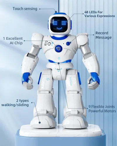 This image breaks down the robot toy's physical components and technical features using labeled callouts to help shoppers understand the product's construction, capabilities, and interactive elements.