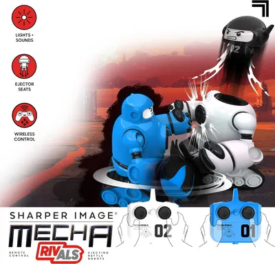 Showcases multiple key features of the toy robots in a visually segmented layout to communicate the product's interactive play capabilities and remote control functionality.