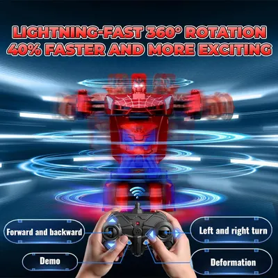 Demonstrates how to operate the RC toy car using the remote control, showing the different movement capabilities (forward/backward, left/right turns, demo mode, and deformation) to help shoppers…