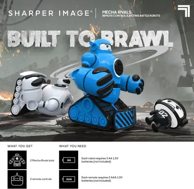 Shows shoppers exactly what comes in the box (2 battle robots and 2 remote controls) and what additional items they need to purchase (batteries) to start playing immediately.