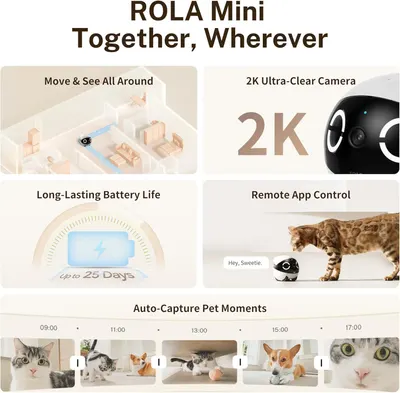 Showcases multiple key features of the ROLA Mini pet camera in a segmented layout to communicate its comprehensive capabilities for pet monitoring and interaction.
