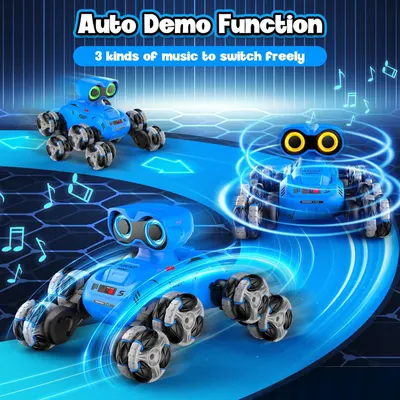 Highlights the toy's auto demo function with 3 kinds of music that can be switched freely, demonstrating the product's entertainment and interactive play features.