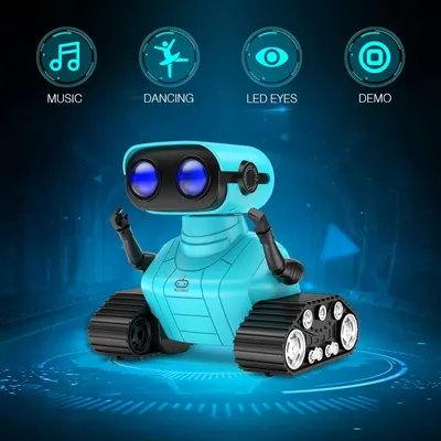 Showcases four distinct interactive features of the robot toy to demonstrate its versatility and entertainment value for potential buyers.