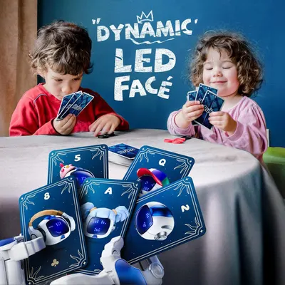 Highlights the unique LED face feature of the card game to communicate the product's interactive, engaging, and tech-enhanced play experience that appeals to children.