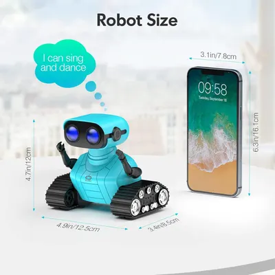 Shows the exact physical dimensions of the robot toy with measurement arrows and uses a smartphone as a familiar reference object to help shoppers understand the compact size of the product.