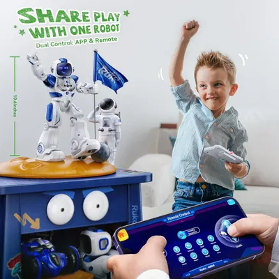 Highlights the product's dual control capability (app and remote) to show parents that multiple children can share and play with one robot simultaneously, emphasizing versatility and shared play…